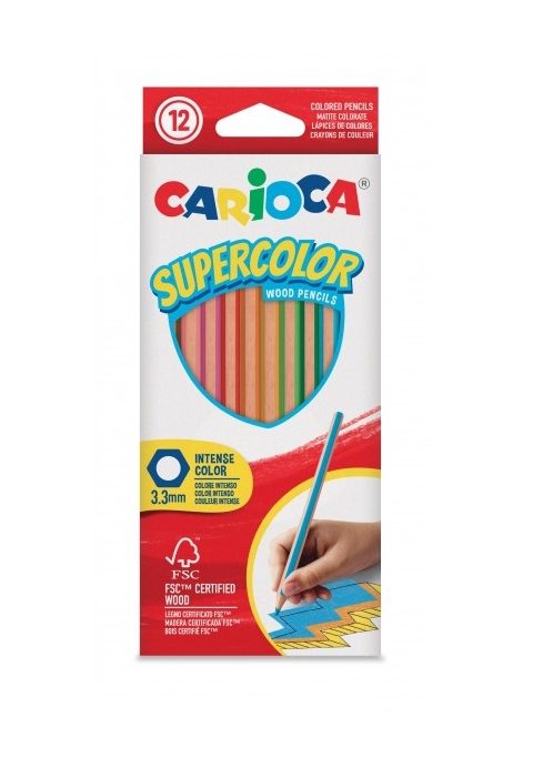 Carioca Supercolor Pack de 12 Lapices de Madera - Cuerpo Hexagonal - Colores Intensos y Gran Opacidad - 3.3mm de Grosor