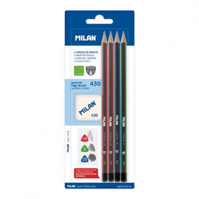 Blíster 3 lápices de grafito triangulares + sacapuntas Afila + goma de borrar 430