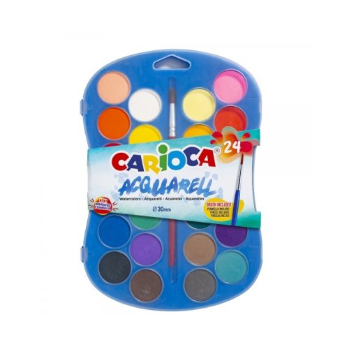 Carioca Acuarela Pack de 24 Colores en Pastilla - Brillantes - Facilmente Mezclables - Ø 30mm - Color Varios