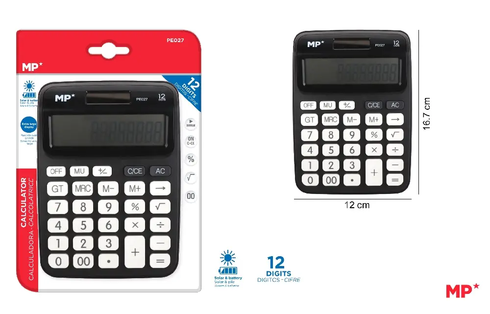 CALCULADORA SOLAR Y PILAS NEGRO.